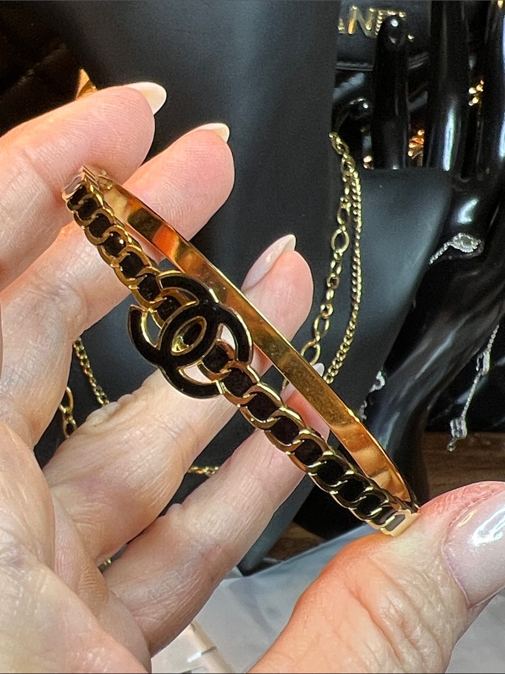 Gold and Black Chain-Link Logo Bangle Bracelet - Women Jewelry